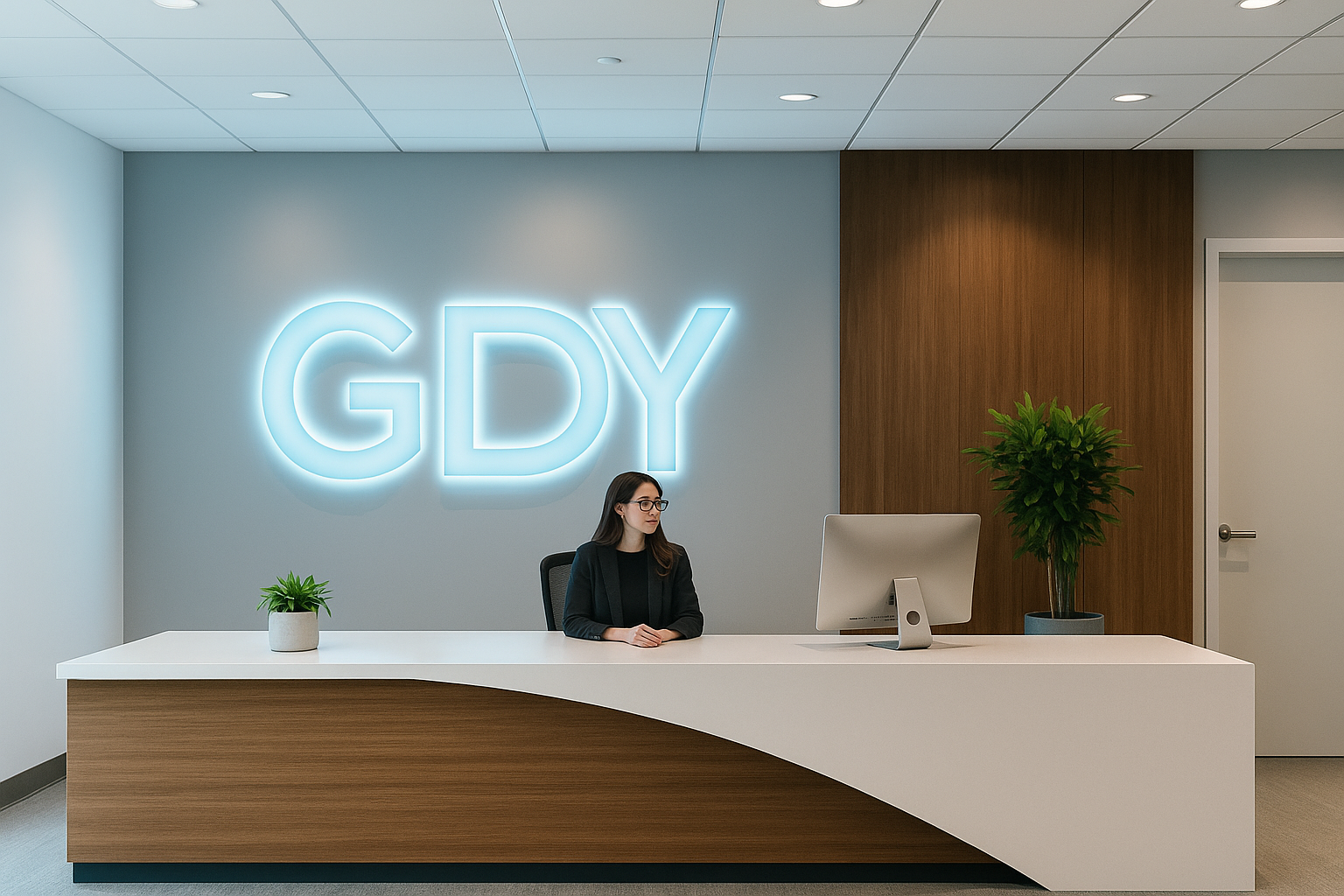 Reception moderna di un call center con due operatori reali al bancone e cuffie